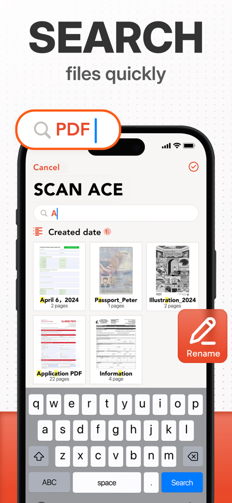Scan Ace 앱 인터페이스가 스캔된 PDF 파일을 빠르게 검색하는 방법을 보여줍니다.