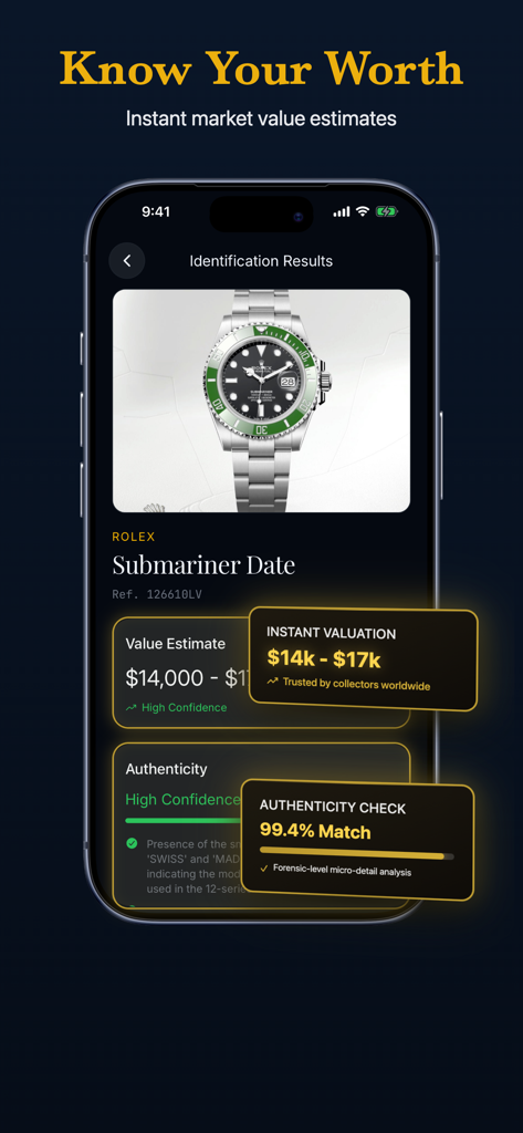Pantalla de resultados de identificación de relojes por IA que muestra el valor de mercado y la verificación de autenticidad de un Rolex Submariner
