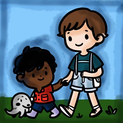 girl with short hair wearing shorts taking her little cousin that’s a boy to the zoo