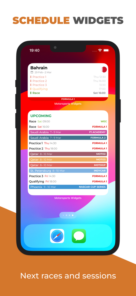 iPhone home screen displaying motorsports schedule widgets for various racing categories