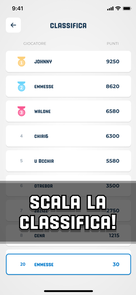 Briscola SUPER! - Schermata della classifica dell'app Briscola SUPER che mostra le posizioni in classifica e i punti dei giocatori