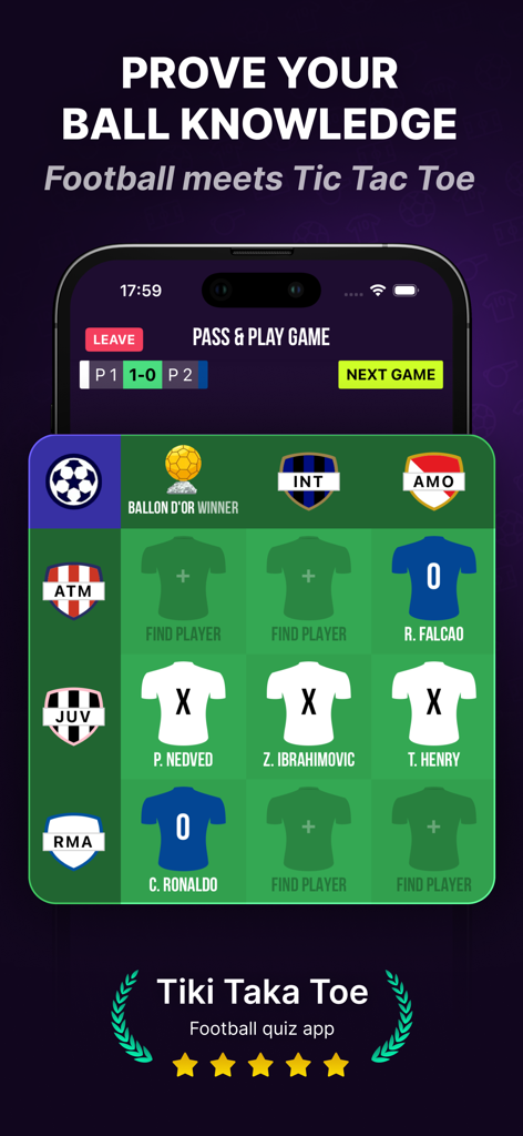 Um jogo de trivia de futebol em grade chamado Tiki Taka Toe, onde os jogadores combinam estrelas do futebol com requisitos de clube