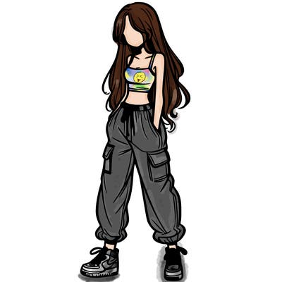 girl in baggy pants crop top and long hair