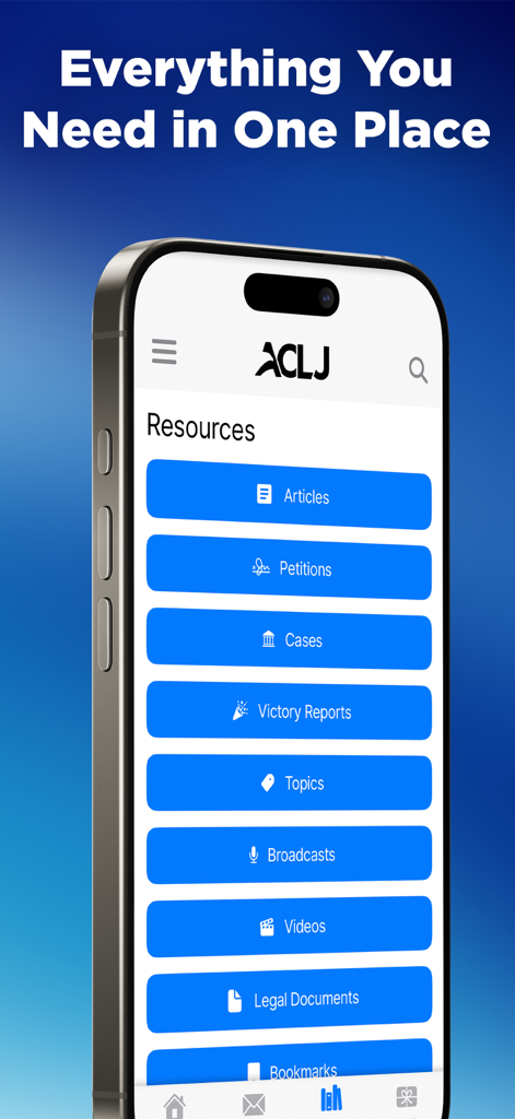 ACLJ - A smartphone screen showing the ACLJ app resources section with categories for articles, petitions, cases, and videos.