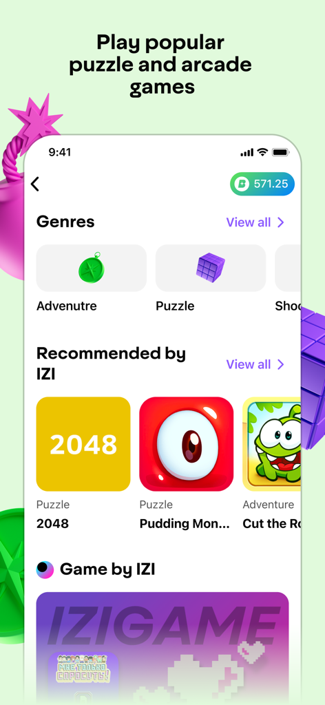 A selection of puzzle and arcade games on the IZI KG app interface.