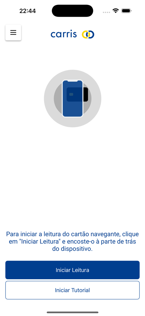 CARRISway - CARRISway app screen showing instructions to scan a Navegante transit card using a smartphone