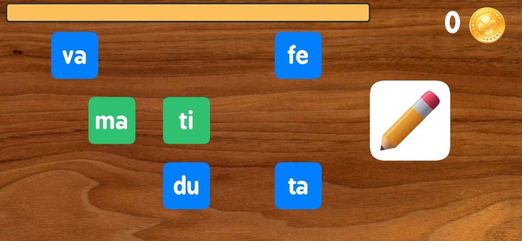 Scrivere con le sillabe Pro - Educational game screen with Italian syllables tiles on a wooden background