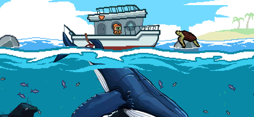 Scale the Depths - Pixel art of a cute robot on a fishing boat above a massive whale swimming in the ocean