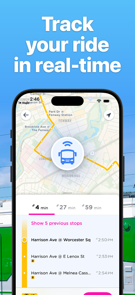 Boston Transit: MBTA Tracker - Boston Transit app interface showing real-time MBTA bus tracking on a map with arrival times