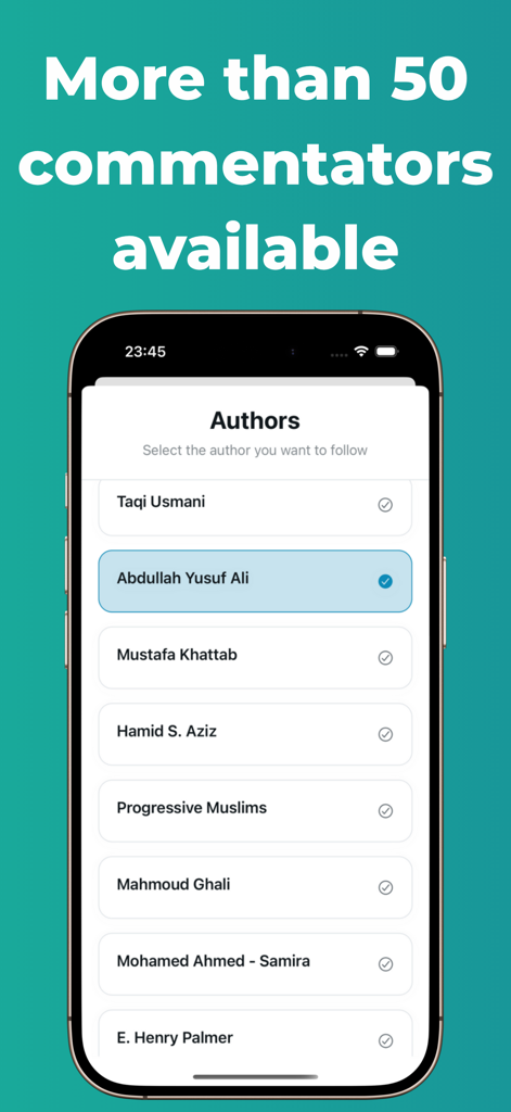 Holy Qur’an: Read - Smartphone screen displaying a list of available Quran commentators and translations in the Holy Quran Read app