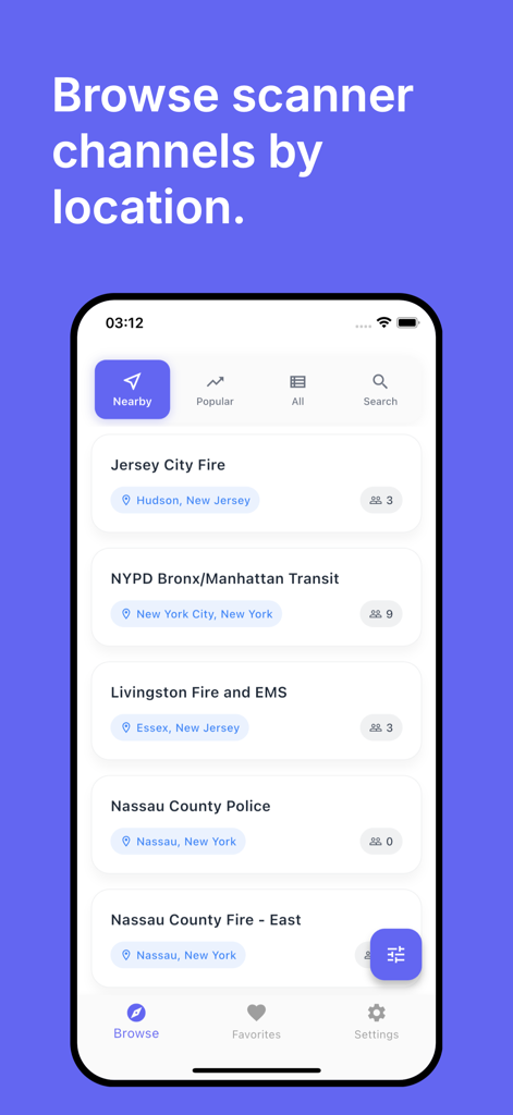 Police Scanner: Radio and Fire - Mobile app interface showing a list of nearby emergency radio channels for police and fire services