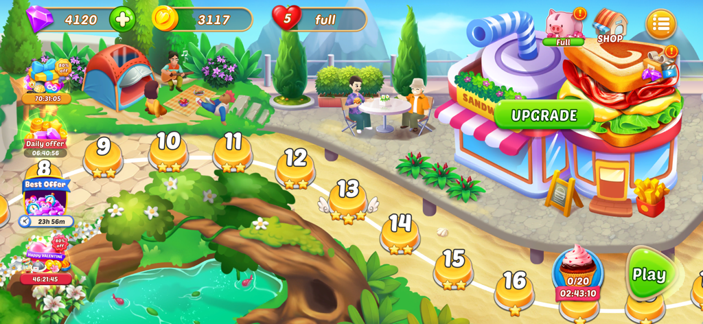 Chef Adventure: Cooking Games - Level selection map in Chef Adventure showing a colorful path of stages and a sandwich restaurant upgrade option