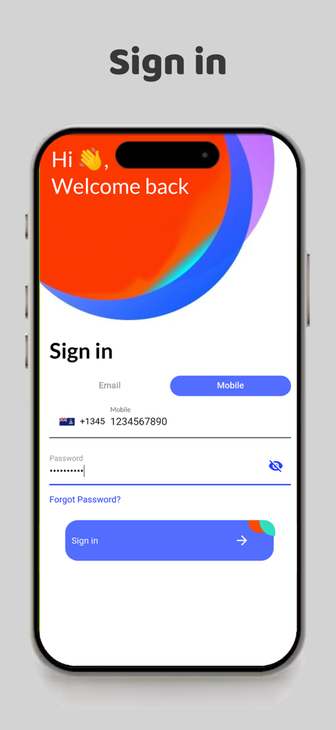 WiseUp Solution - Wallet - Sign in screen of the WiseUp Solution Wallet app showing mobile and email login options