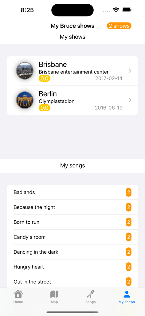 Interface of the Bruce Concerts app showing a personalized list of attended shows and song counts