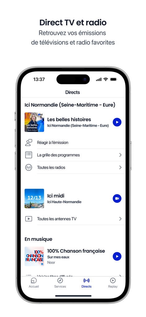ici : actu locale, radio, TV - 프랑스의 라디오 생방송 및 지역 TV 프로그램을 보여주는 ici 앱 인터페이스