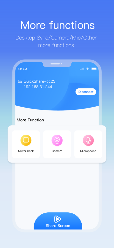 QuickShare Client - Interfaz de la aplicación QuickShare Client que muestra funciones adicionales, incluyendo controles de duplicación inversa, cámara y micrófono
