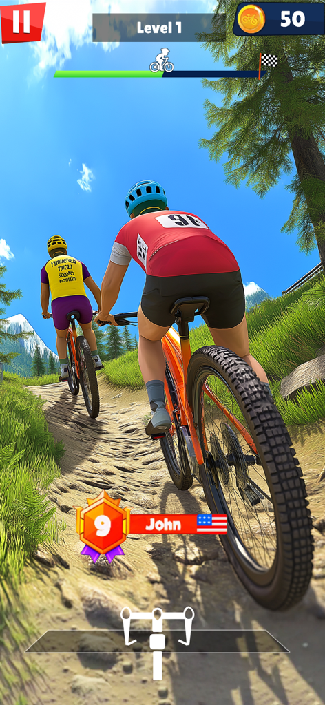 BMX Bike Games: Cycle Games 3D - Deux cyclistes participant à une course sur un sentier de montagne dans un jeu BMX 3D