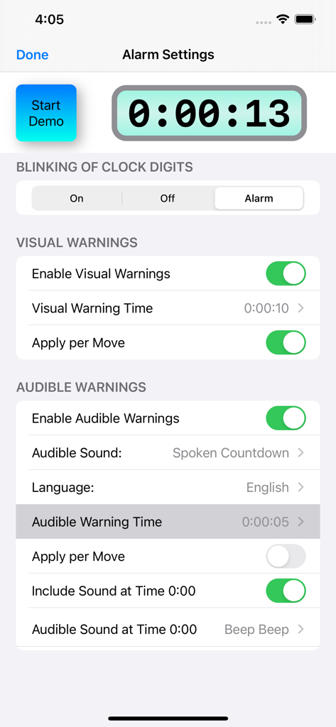 Game Clock (Chess, Go, Shogi) - Interfaz de configuración de alarmas para la aplicación Game Clock con opciones de advertencia visual y audible para Ajedrez, Go y Shogi.