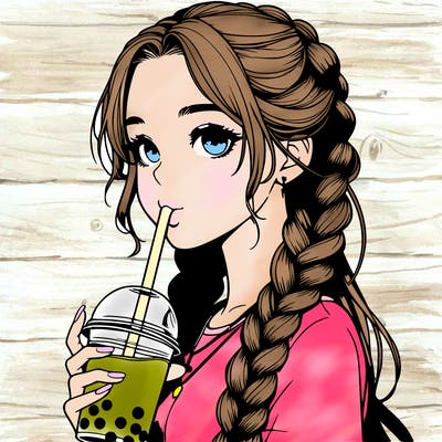 realistic girl with braided hair drinking boba