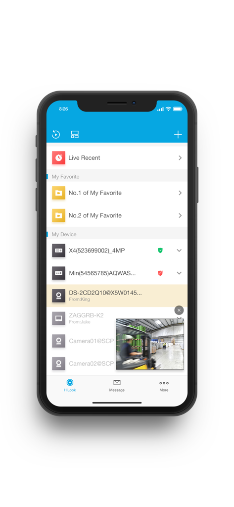 HiLook app dashboard showing connected security devices and a live camera feed
