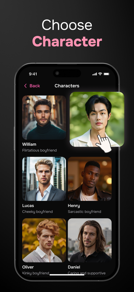 A character selection screen in the FriendX app showing various male AI boyfriend options with descriptive personality tags.