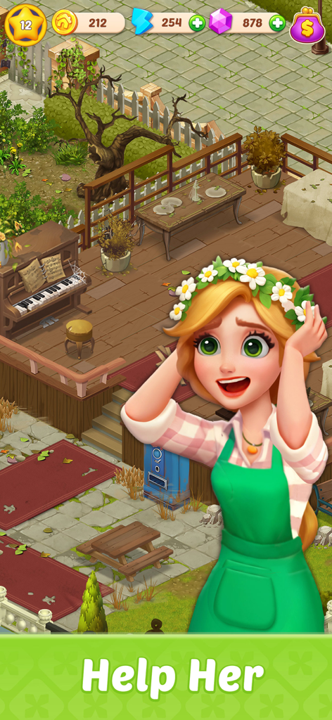 Happy Merge House - Happy Merge House character asking for help to renovate a messy backyard patio with a piano