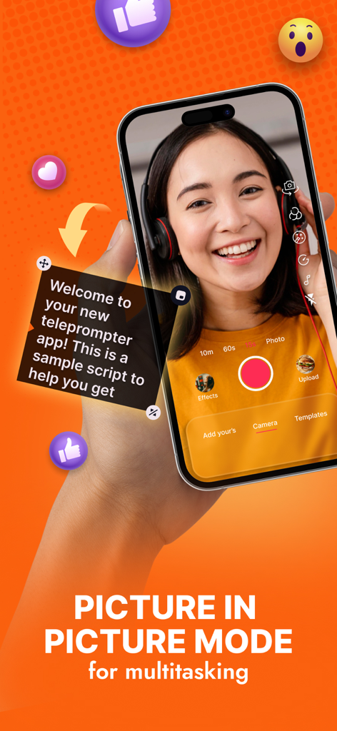 Teleprompter Video Script Pro - An iPhone screen displaying the Teleprompter Video Script Pro app in picture in picture mode with a floating script over a video recording.