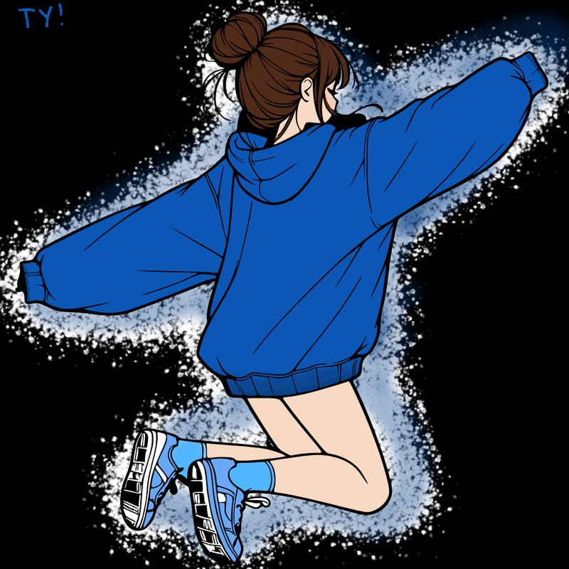 realistic girl jumping with a bun and oversized sweatshirt