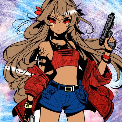 bad girl wearing crop top holding a gun long hair anime