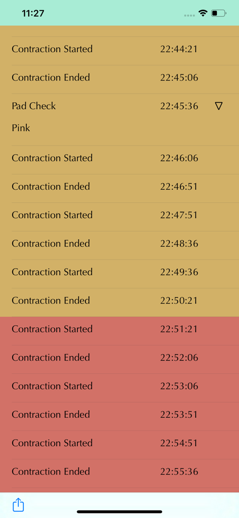 A chronological log of labor contraction start and end times with timestamps and a pad check entry