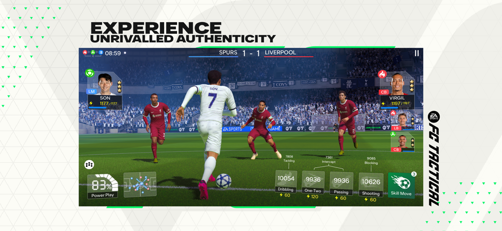 EA SPORTS FC™ Tactical - A tactical soccer match in EA SPORTS FC Tactical showing Son Heung-min with turn-based gameplay options like dribbling and passing