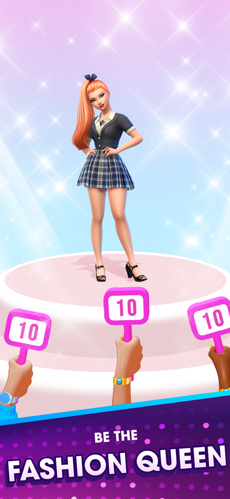 Catwalk Queen: Fashion Battle - Una modelo con un atuendo de moda escolar recibe puntuaciones perfectas en un podio en Catwalk Queen Fashion Battle