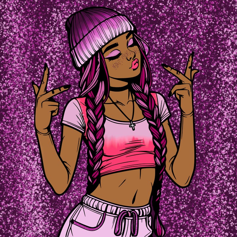 realistic teenage girl with braids and a beanie and crop top doing 🫶🏼