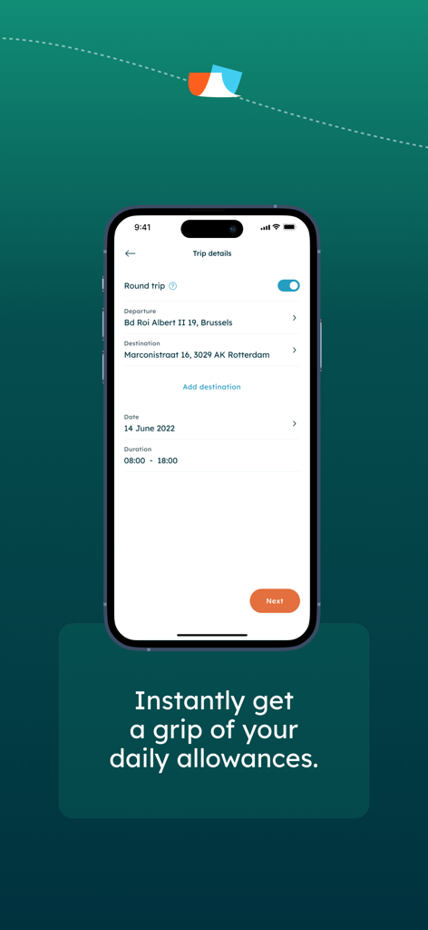 Declaree-App-Bildschirm zur Eingabe von Geschäftsreisedetails zur Verfolgung täglicher Zulagen.