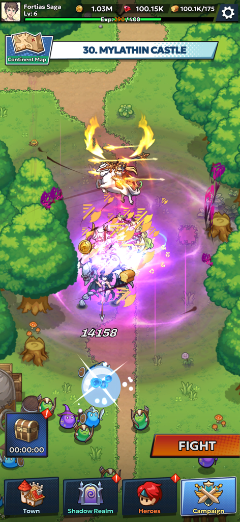 Fortias Saga: Idle RPG - Gameplay of Fortias Saga showing anime style heroes in a forest battle against slime monsters