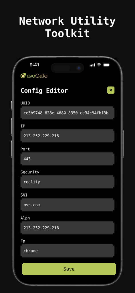 avoGateアプリのConfig Editor画面。UUID、IPアドレス、ポート、セキュリティ設定が表示されます。