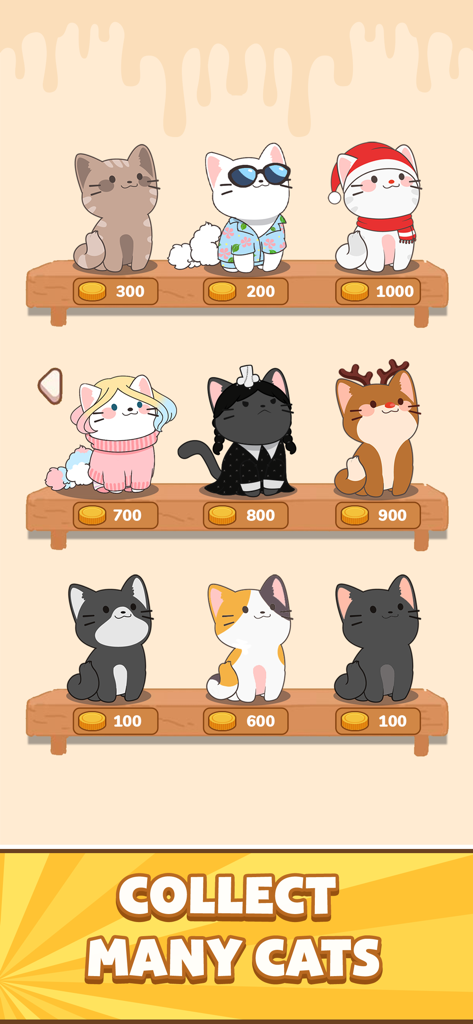 Duet Cats: Rhythm Meow Game - Um menu de coleção em Duet Cats mostrando vários gatos fofos de desenho animado em prateleiras de madeira com seus custos de desbloqueio em moedas.