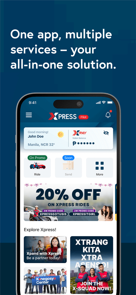 Xpress - Moto & Car Taxi - Xpress mobile app home screen showing ride booking services and promotional offers in Metro Manila