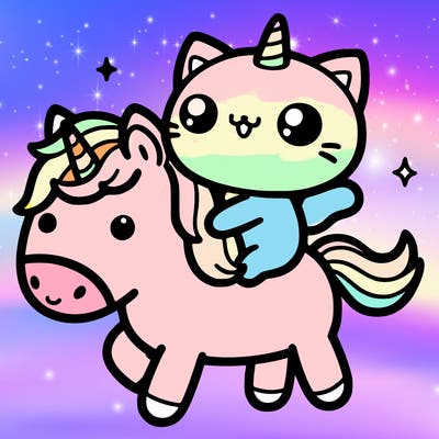 kawaii cat riding a kawaii unicorn
