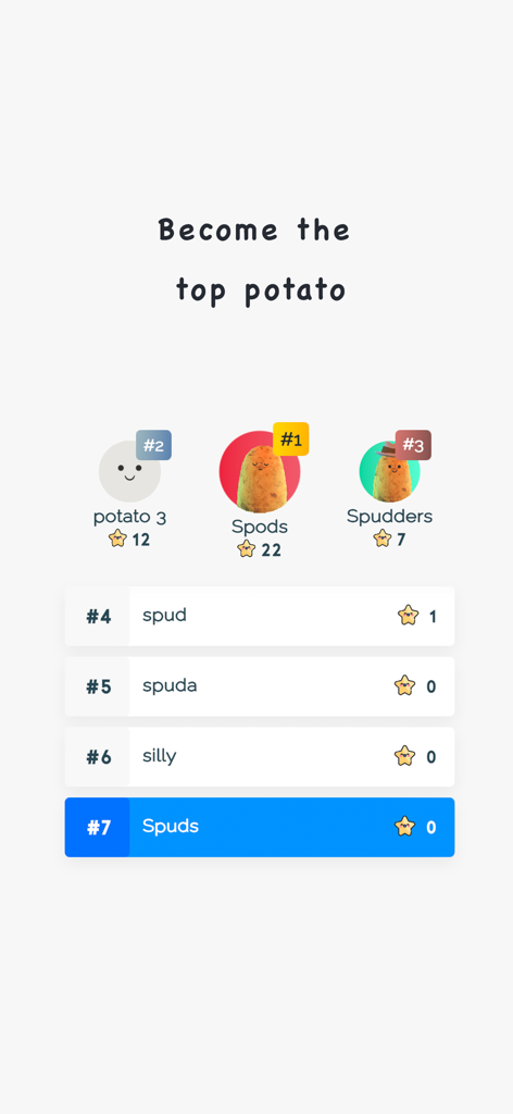 Potater - Leaderboard screen in the Potater app showing a ranking of pet potatoes with names and star points.