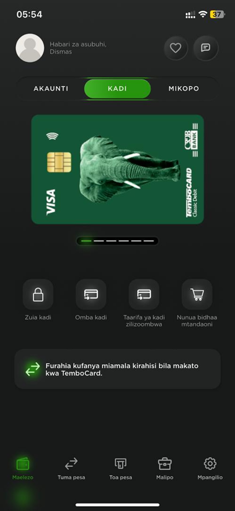CRDB BANK SIMBANKING DRC - CRDB Bank SimBanking DRC app screen displaying a green Visa TemboCard and card control options