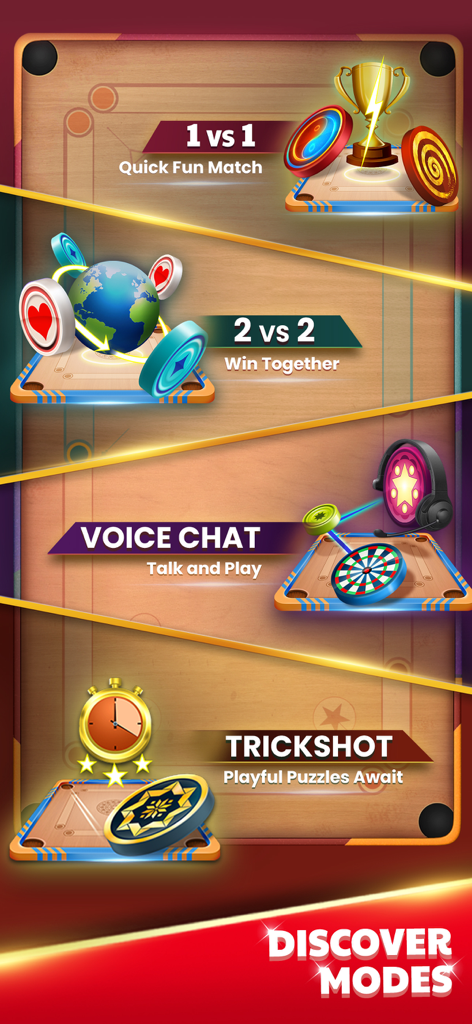 Overview of Carrom King game modes including 1v1 matches, 2v2 team play, voice chat, and trickshot puzzles.