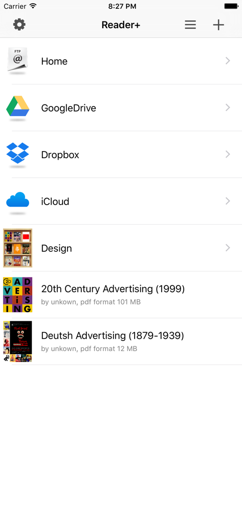 Reader+ : Scan & Read Books - Interface de l'application Reader Plus affichant les options de stockage cloud et la bibliothèque de livres