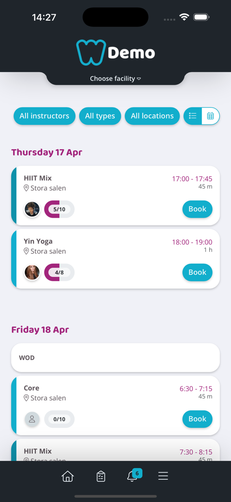 Wondr booking app - Mobile interface of the Wondr app showing a schedule of fitness classes like HIIT and Yoga with booking buttons.