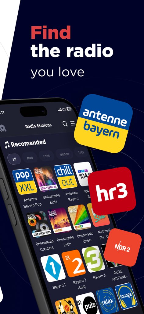 Interfaz de la aplicación Radio Alemania que muestra una lista de estaciones de radio alemanas recomendadas.