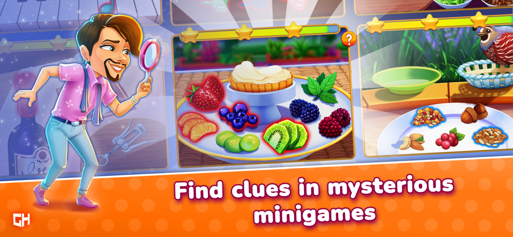 Delicious: Mansion Mystery - Francois usando una lupa para investigar alimentos en un misterioso minijuego