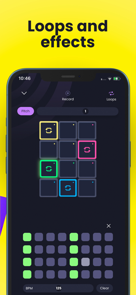 Hip-Hop Drum Pads Guru - Hip-Hop Drum Pads Guru app interface showing loops and effects with a drum pad grid and step sequencer