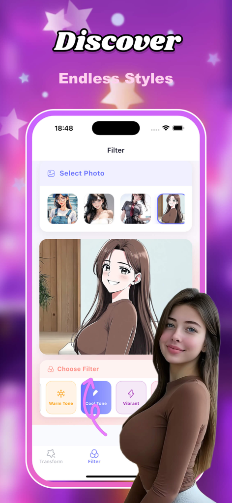 Geko - Geko mobile app screen displaying a real photo converted into anime art with different filters.