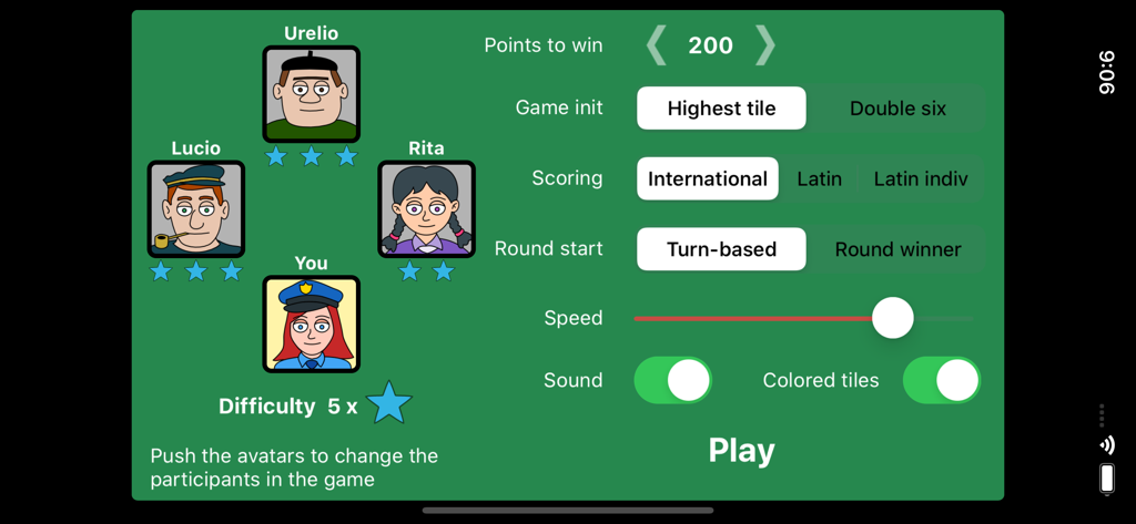 Partnership Dominoes - Partnership Dominoes configuration screen showing bot difficulty levels and game rule settings