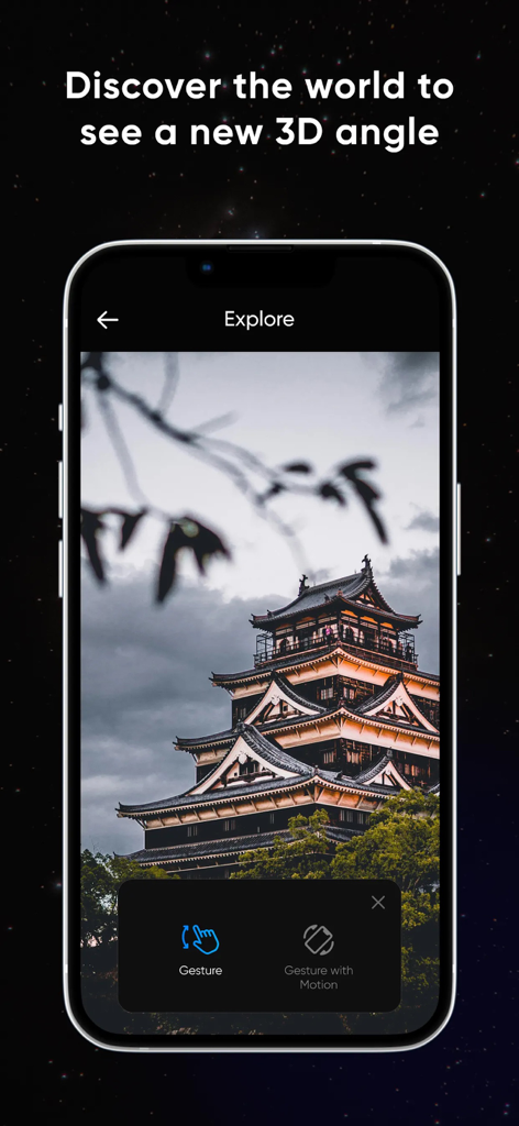 Earth Map 3D - Street View Map - Earth Map 3D app interface showing a 360 degree view of a Japanese castle with gesture control options